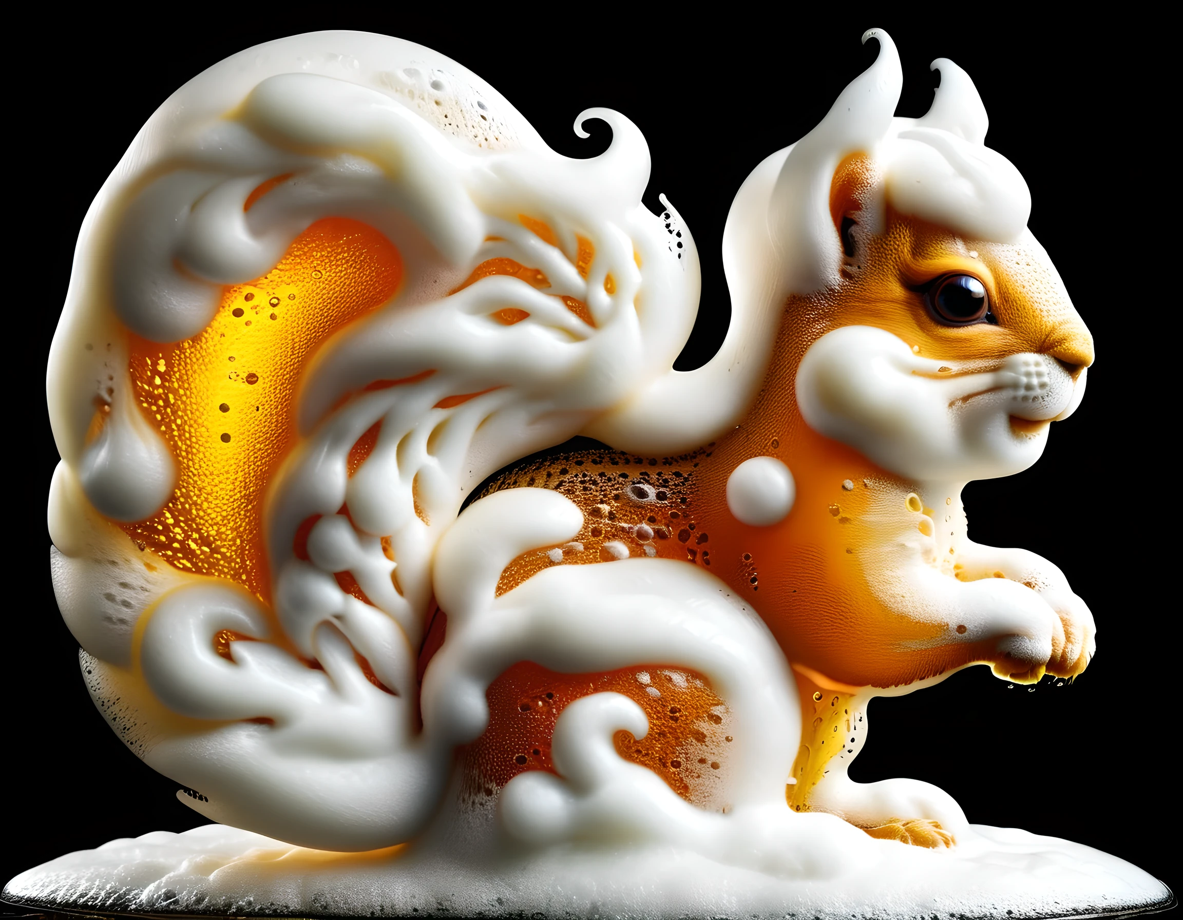 Photo of a squirrel made of foamy beer, Masterpiece, Best Quality, Ultra high Detailes, intricate details, intricate detail texture. 