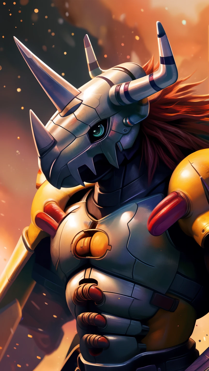 Masterpieces, Official Art, Anthropo, Male, (Wargreymon:1.2), Delicate Face, Delicate Eyes, Helmet, Armor, Horn, Digimon, Upper Body, Depth of Field, Perfect Lighting, Light Particles, (Best Quality), (Masterpiece), (Ultra Detailed), Sharp Focus, Light Particles