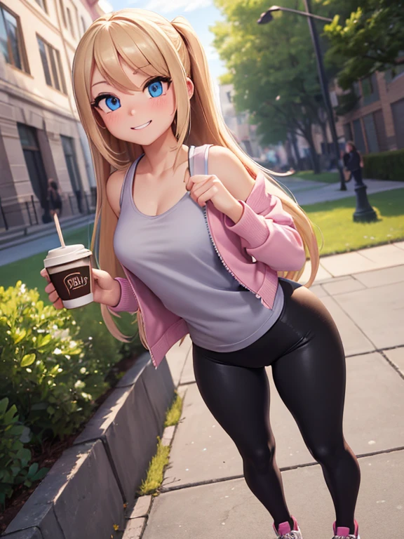 (masterpiece:1.2), best quality, high resolution, unity 8k wallpaper, (illustration:0.8), (beautiful detailed eyes:1.6), extremely detailed face, perfect lighting, extremely detailed CG, (perfect hands, perfect anatomy), 1girl, solo, blonde hair, blue eyes, she’s a freshman sorority girl. (holding a coffee cup:1.3). (Wearing: opened pink jacket, baggy grey tank-top, tight black leggings). Thrilled smile on her face, she’s ready for adventure, she’s standing. Background: outdoors, college campus.