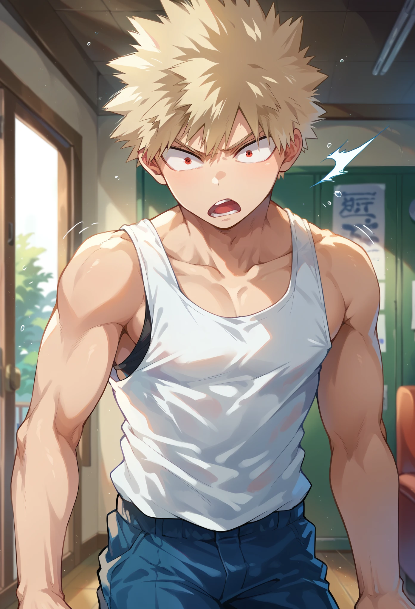 score_9, score_8_up, score_7_up, 1boy, solo, male focus, bakugou,blonde hair,red eyes,short hair,spiked hair, white tank top, blue pants, surprised, open mouth, frown, standing, looking at you, indoors, hall