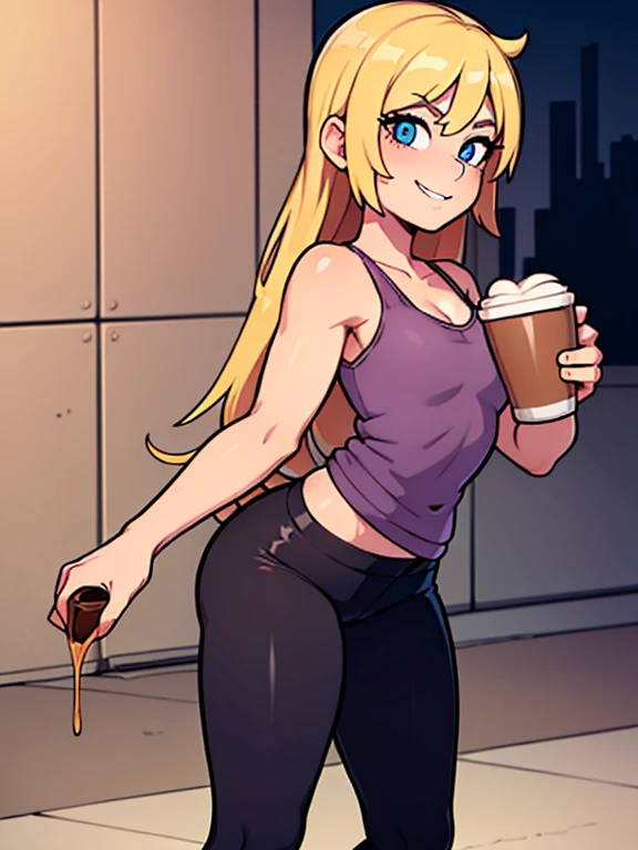 (masterpiece:1.2), best quality, high resolution, unity 8k wallpaper, (illustration:0.8), (beautiful detailed eyes:1.6), extremely detailed face, perfect lighting, extremely detailed CG, (perfect hands, perfect anatomy), 1girl, solo, blonde hair, blue eyes, she’s a freshman sorority girl. (holding a coffee cup:1.3). (Wearing: opened pink jacket, baggy grey tank-top, tight black leggings). Thrilled smile on her face, she’s ready for adventure, she’s standing. Background: outdoors, college campus.