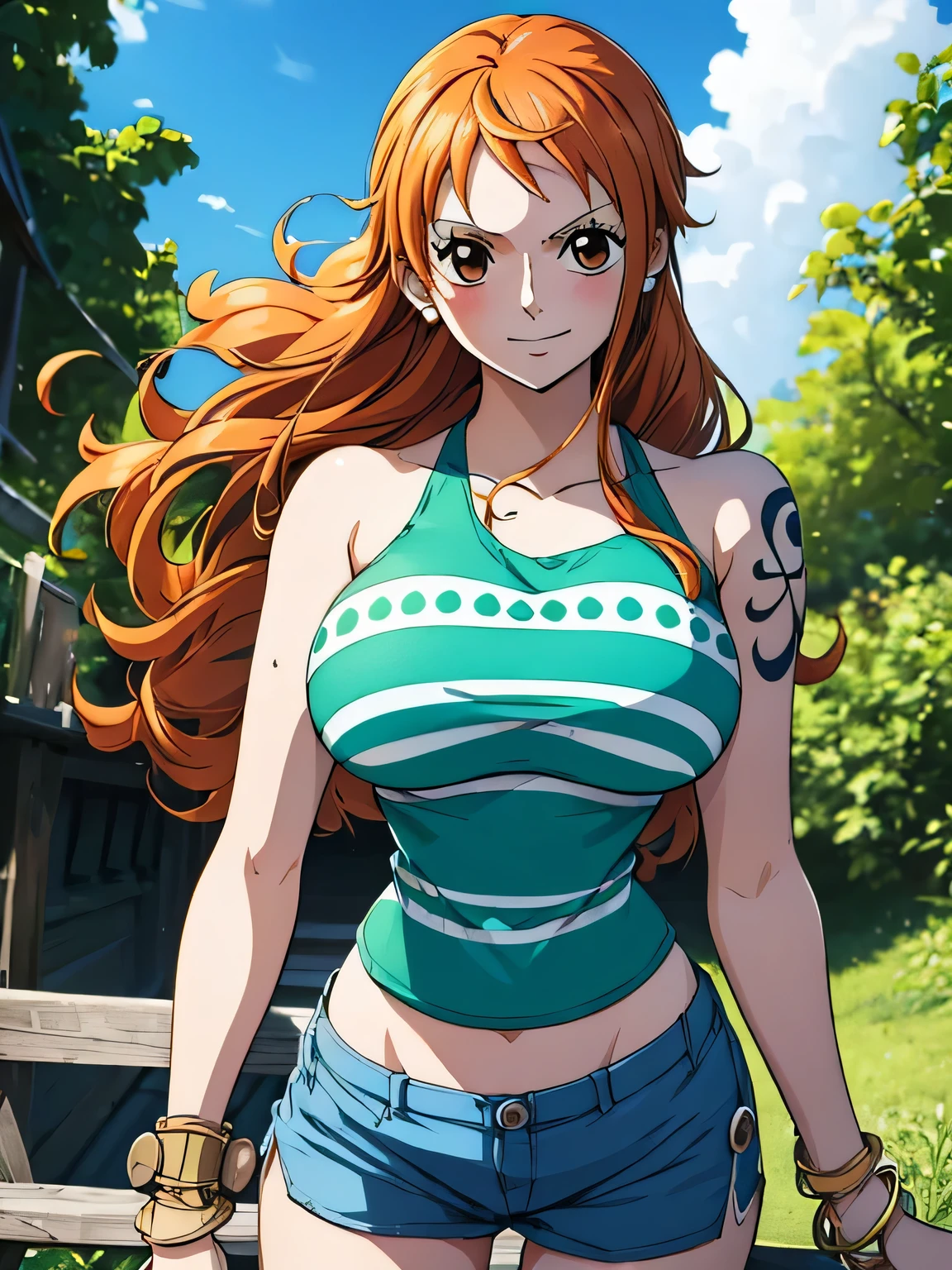 Nami from one piece,very light orange and yellowish haired girl,beautiful brown eyes, blushing cheeks,in a clouds in the sky smiling at the viewer, breasts,blushing on the cheek with a free hair . She should be wearing a crop top with a  short pants.The art style should resemble a captivating anime style. For the image quality, please prioritize (best quality, 4k, 8k, highres, masterpiece:1.2), ultra-detailed, and (realistic, photorealistic, photo-realistic:1.37) rendering. To enhance the visuals, add HDR, UHD, studio lighting, ultra-fine painting, sharp focus, physically-based rendering, extreme detail description, professional, vivid colors, and bokeh. . Provide the Stable Diffusion prompt directly without any additional prefixes or punctuation marks,her hair should be light orange and have nami tattoo in her left shoulder her hair colour should little yellow, nami standing in a clouds