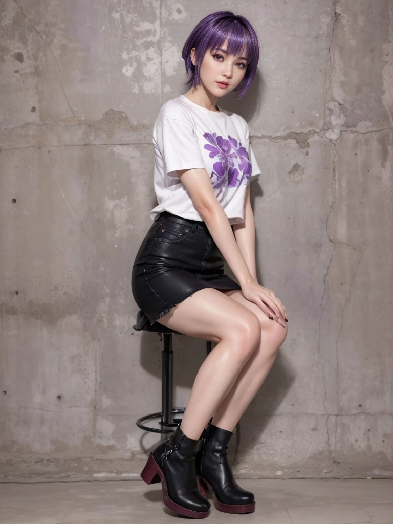 Make a  with short purple hair black shirt black skirt big boots in the forest with an arrow looking at the sky 