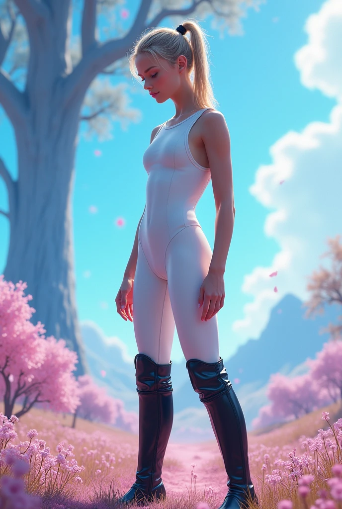 best quality,A high resolution,ultra-detailed,actual),1 young white girl wearing a shiny white gymnastics leotard, white breeches, black riding boots, athletic body, full body and legs view with scene around, boots completely visible, no cropping, looking back, from below, POV at boots, front view, stoic pose, wide shot, super detail, best quality, highres, , (XLabs F.9 Realism LoRA V9), (DreamMeld-Multidimensional Universal F.9 V9) ,(XLabs F.11 Realism LoRA V11), colored glass blue background, partículas flotantes, fuego mágica, fondo pastizales grandes color blue y pink, árbol gigante color Blue,