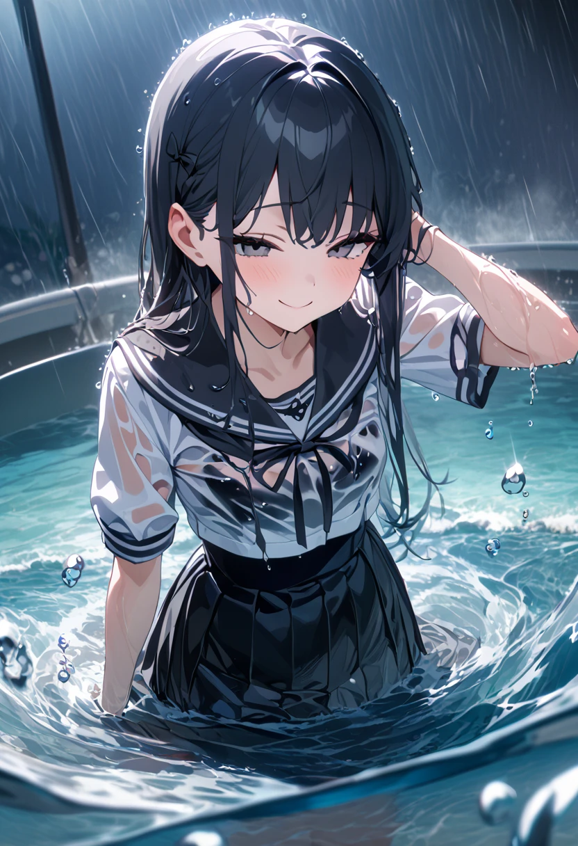 (8k, Best Quality, masterpiece: 1.2), Ultra-high resolution, 1 person, cute, Small breasts, Highly detailed face, White blouse, Gothic Clothing, Black and white sailor suit, 大量のrain, rain, sea, swim, Water Play, soaked, Black underwear, ribbon, Water-soaked clothes, Long skirt, (Gothic Skirt), Water droplets all over the body, A childlike smile, The best smile, Date, Lots of water, Submersion, Splash, 