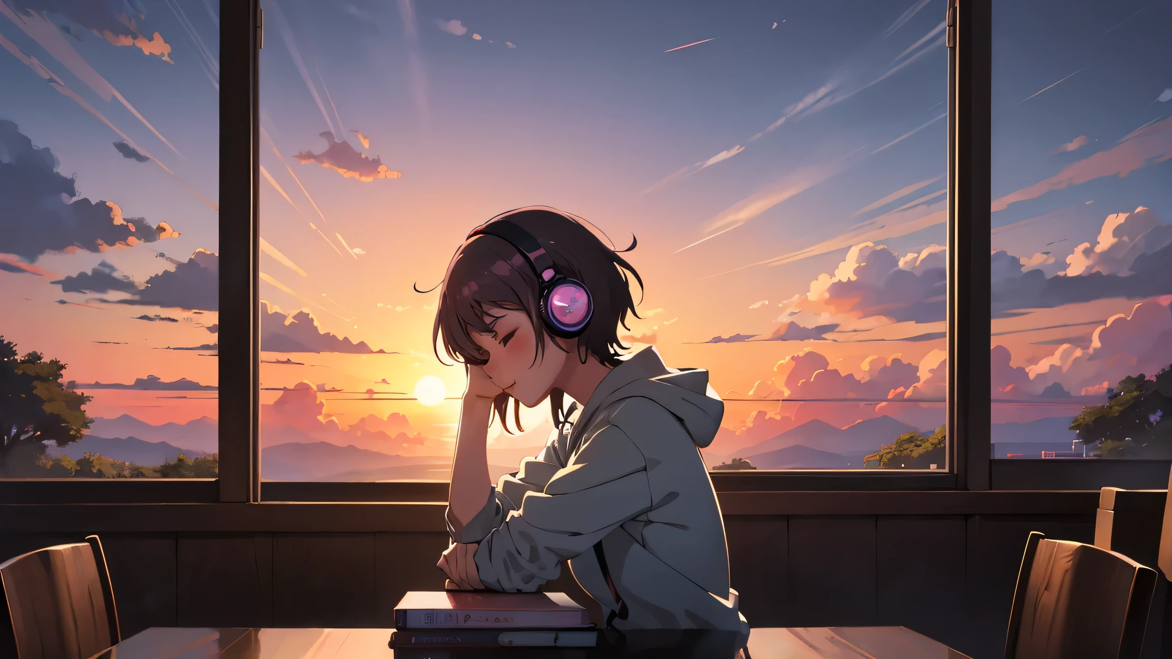 Anime girl wearing headphones napping at a table with a book, Anime atmosphere, LOFI Girl, Lofi Artstyle, Anime art wallpaper 4 K, 4k anime art wallpaper, Sunset Sky, Cloudy Sky, 4k anime style, 8k anime art wallpaper, anime aesthetic, Lofi Art, 4k anime wallpaper, Anime wallpaper 4k, Relaxing atmosphere