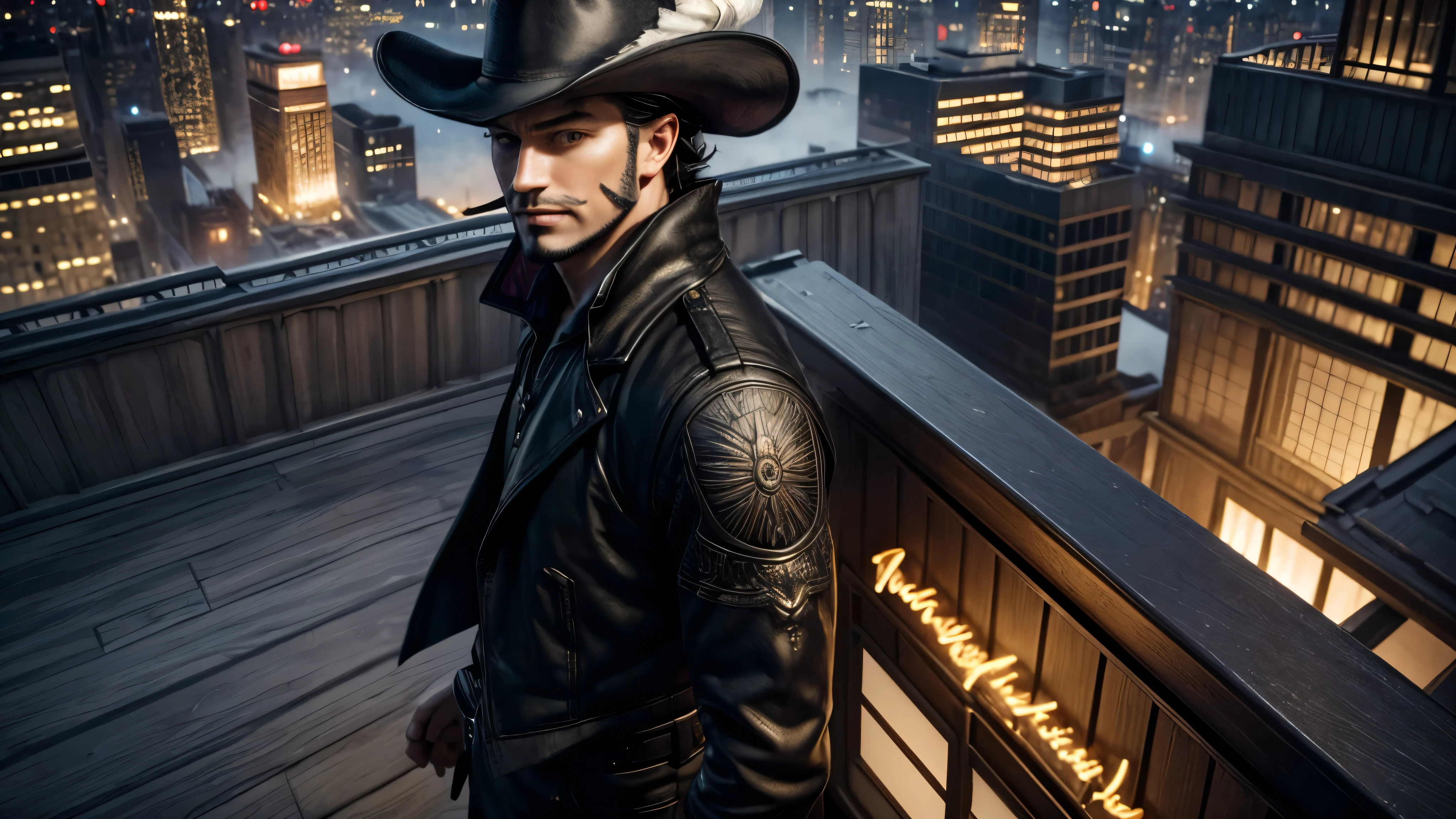 masterpiece, best quality, extremely detailed, hyperrealistic, photorealistic, a cool 40s man, ultra detailed face:1.2, black hat with feathers, night, roof top, city, the view from high-rise, landscape, from above, sly smile, standing
