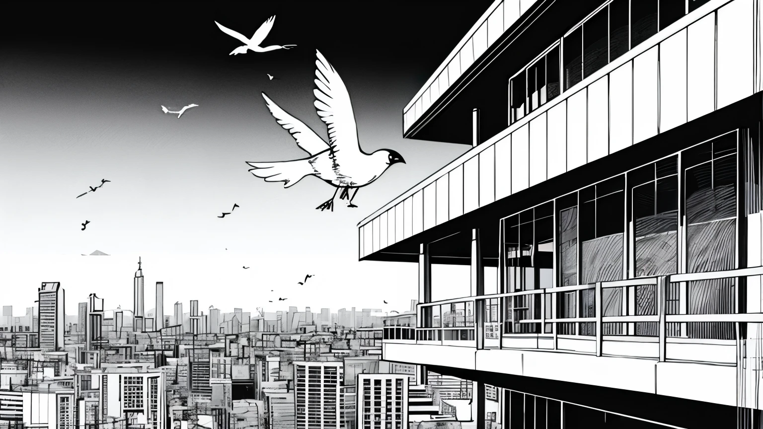 architecture,Tokyo,Anime Background,Black and white line drawing,Bird's-eye view city,High-rise buildings,No characters