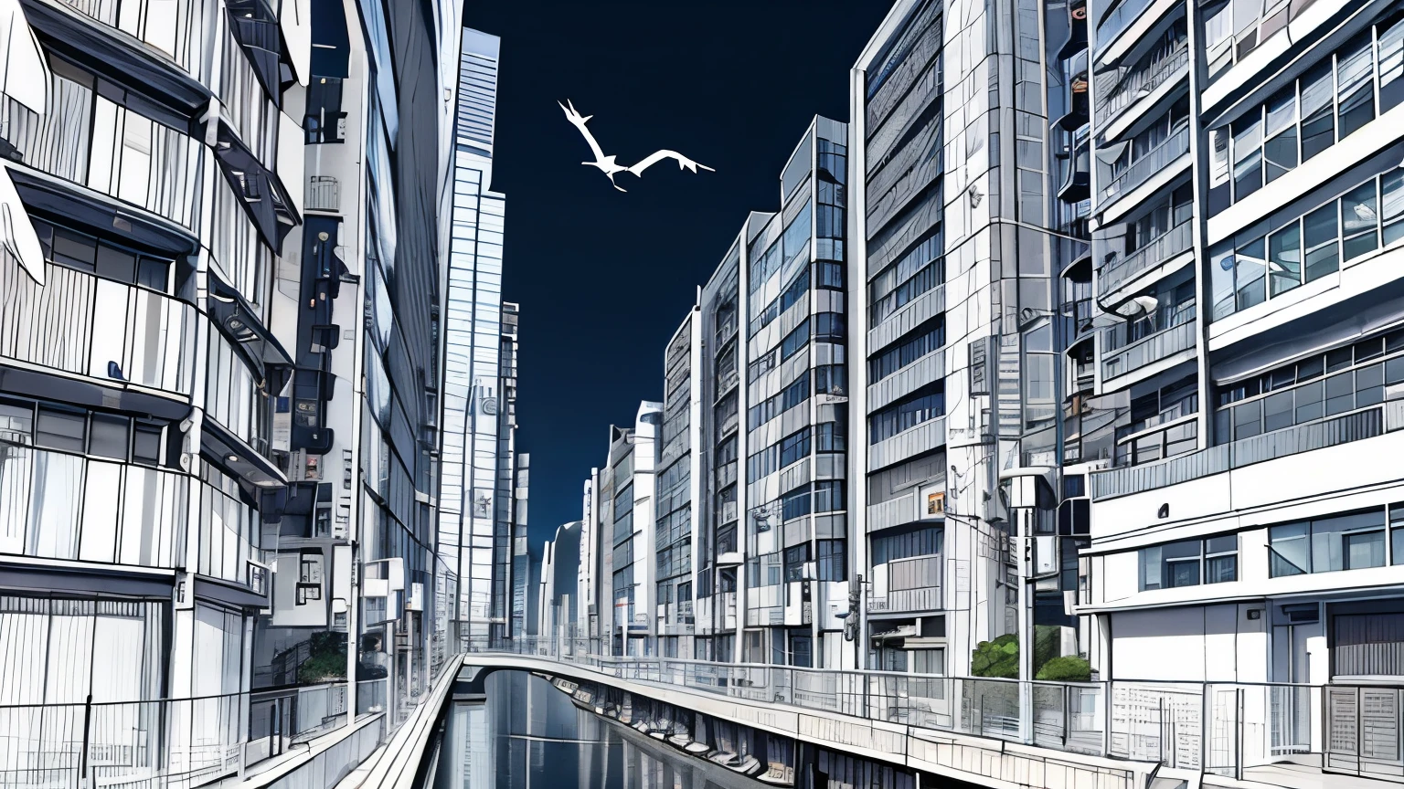 architecture,Tokyo,Anime Background,Black and white line drawing,Bird's-eye view city,High-rise buildings,No characters
