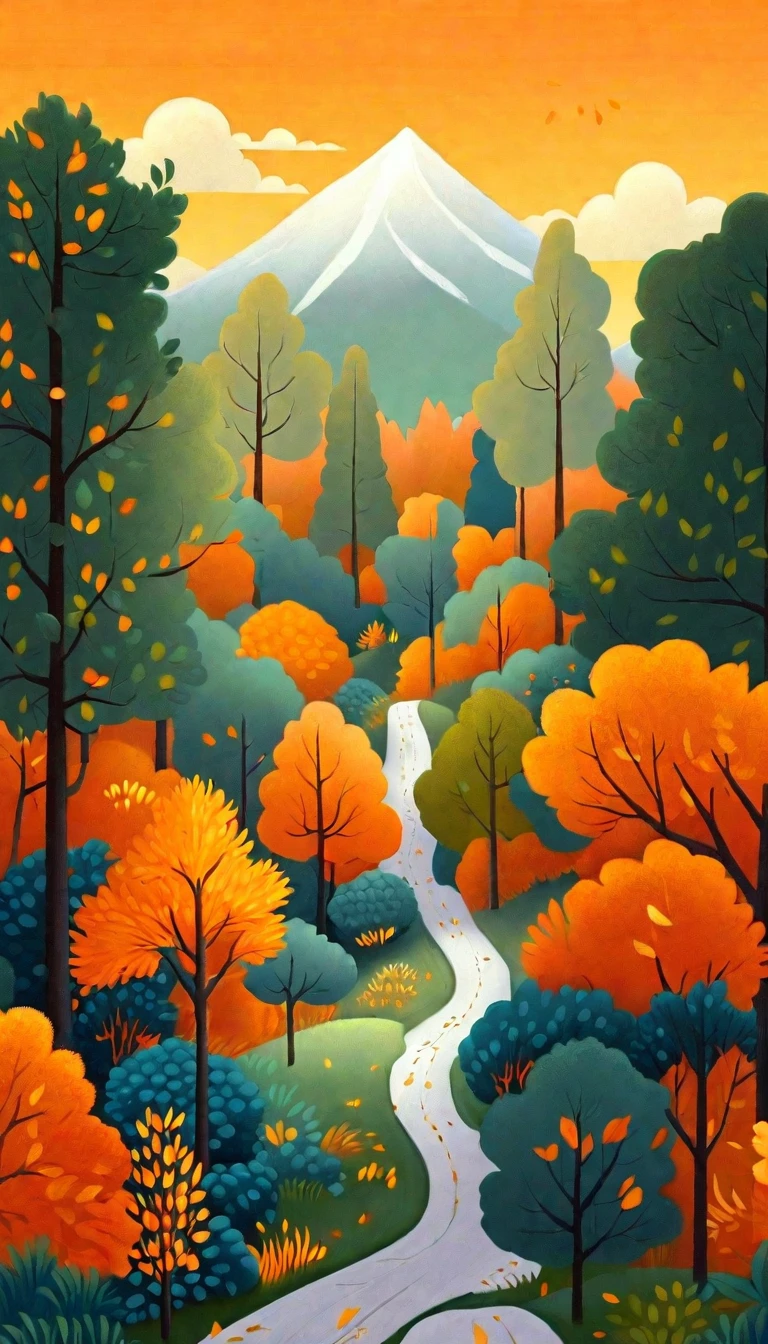 a cartoon illustration of a road surrounded by trees with orange leaves, autumn forest, nature painting, adobe illustrator art, autumn mountains, jen bartel, by Ivan Generalić, beautifully illustrated, hyperrealistic fall, by Adrienn Henczné Deák, detailed forest, illustration!, #illustration, 🍁 cute, very coherent stylized artwork.