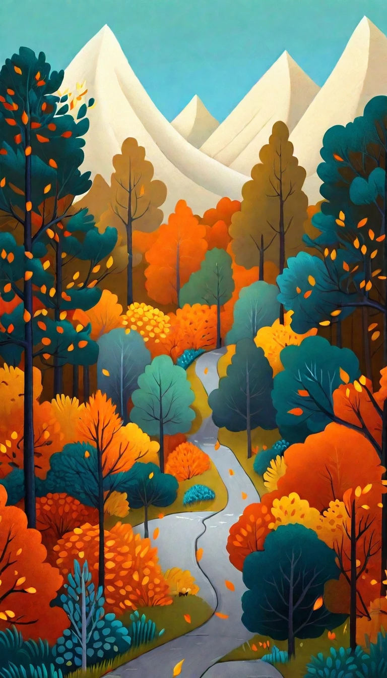 a cartoon illustration of a road surrounded by trees with orange leaves, autumn forest, nature painting, adobe illustrator art, autumn mountains, jen bartel, by Ivan Generalić, beautifully illustrated, hyperrealistic fall, by Adrienn Henczné Deák, detailed forest, illustration!, #illustration, 🍁 cute, very coherent stylized artwork.