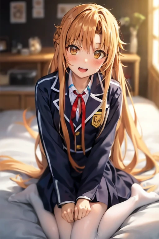 ((Best Quality)), ((masterpiece)), (be familiar with), Perfect Face, indoor, bedroom, Watching the audience,
One woman, Yuuki Asuna,
Open Mouth, Ecstatic expression, blush, smile,
Small breasts, Flat Chest, , , child, Girl,
Long Hair, Long Hair,
Leg spread,