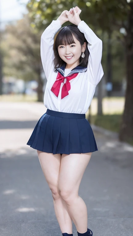 Japanese Mature,(65 years old:1.2),White skin,(chubby body,Emphasizes plump thighs:1.5),(Japanese high school uniform,earrings,Sailor uniform,neckerchief,Ultra short micro mini skirt,Short socks,Wearing loafers:1.2),(Standing in the park,Full body shot from head to toe:1.2),Mature woman wearing high school uniform,full body,looking at viewer,smile,surrealism, depth of field, from below, Sony FE, 8k, arms up,nsfw