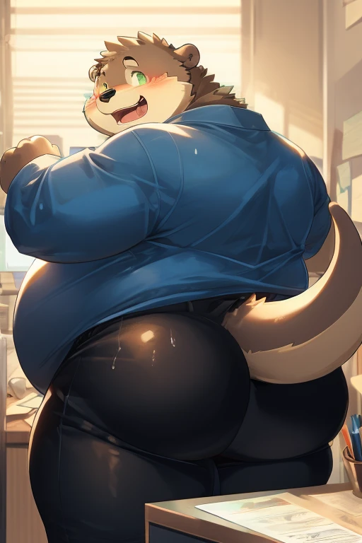 Otter，obese, green eyes, wearing a tight suit, black pants, big butt, massive ass, round ass, heat, sweating, blushing, big belly, massive belly, laughing lightly, scratching the back of his neck, belly photo, Looking at the viewer, in an office, (3:4)