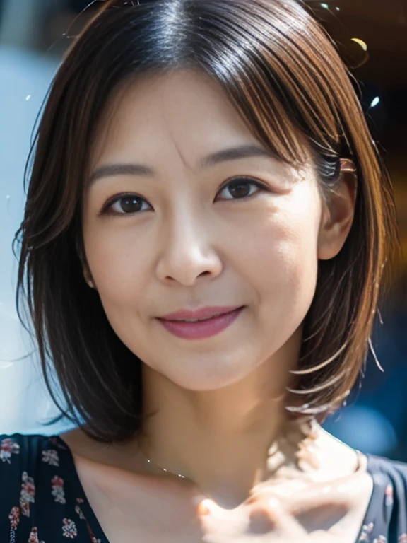 (RAW Photos), (Realistic), (masterpiece), (Best Quality), High resolution, 8k, (Intricate details), (), Portrait of a Woman, 50 years old, short hair, Straight hair , Layered Hair, Brown Hair, Very beautiful eyes, Very beautiful eyebrows, Very beautiful skin, Very beautiful mouth, Very beautiful nose, Cute like an idol, 幸せsmile, Mister.々smile、 (Thick lips), (Looking at the audience), (Elegant transparent sea blue blouse), Random body orientation、random pose, ywife
