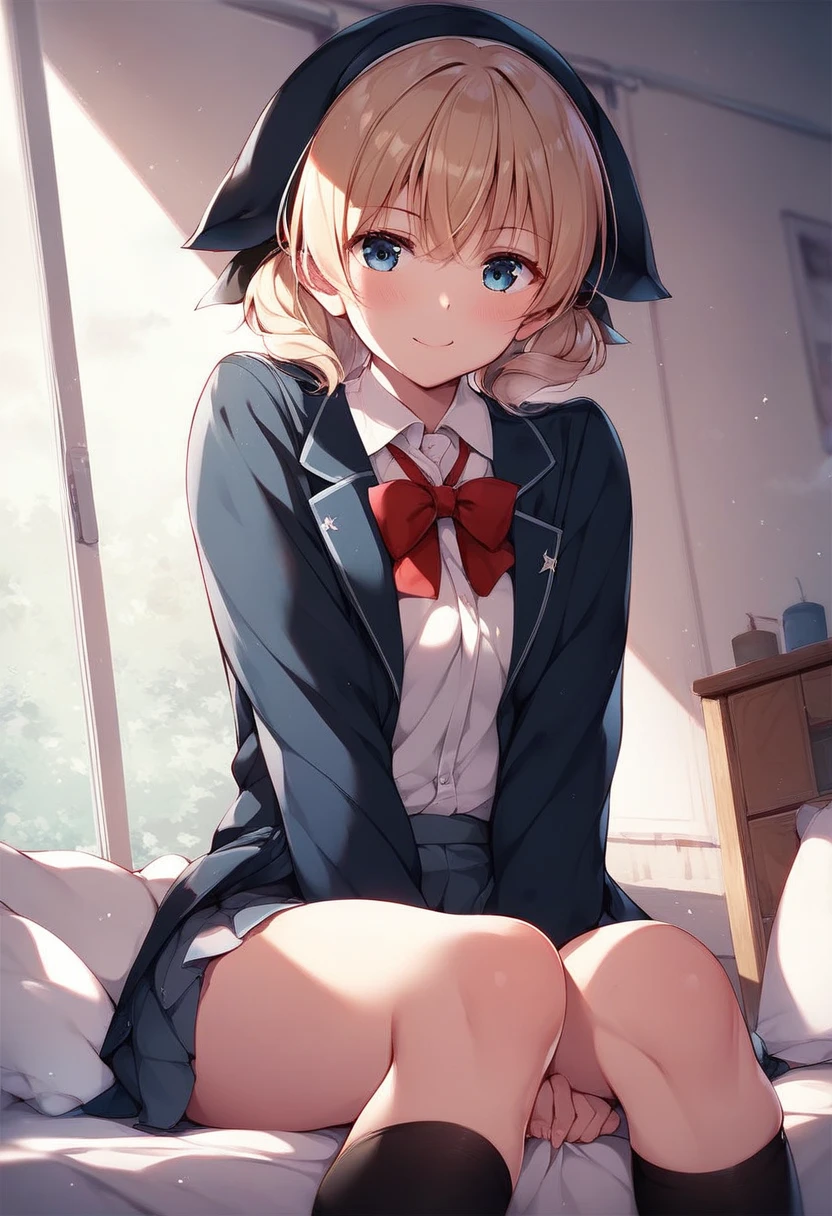 1 young teenage girl, the most alluring and attractive, short-length white sailor striped pleated skirt, back-length strawberry-blonde hair and blue eyes., wearing red school's standard uniform with a buttoned crimson blazer which is also connected to and covering most of her white blouse, blur ribbon tie, put on black mid-calf socks that are below the skirt