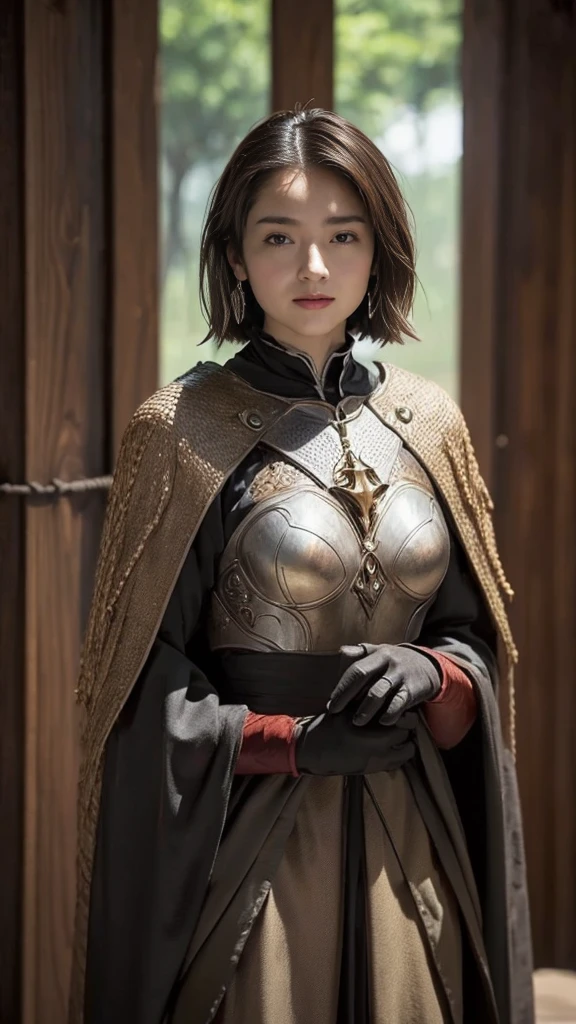 High resolution、masterpiece、Textured Skin、High image quality、超High resolution、Very detailed、woman、Look at, low length、Large Breasts、Anatomically correct, Short Hair、Look at, solo, Medieval armor with cloak、