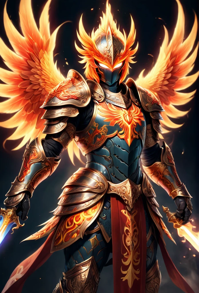 A luminous phoenix knight adorned with glowing tattoos of fiery swords and radiant armor, their celestial marks representing their valor and honor