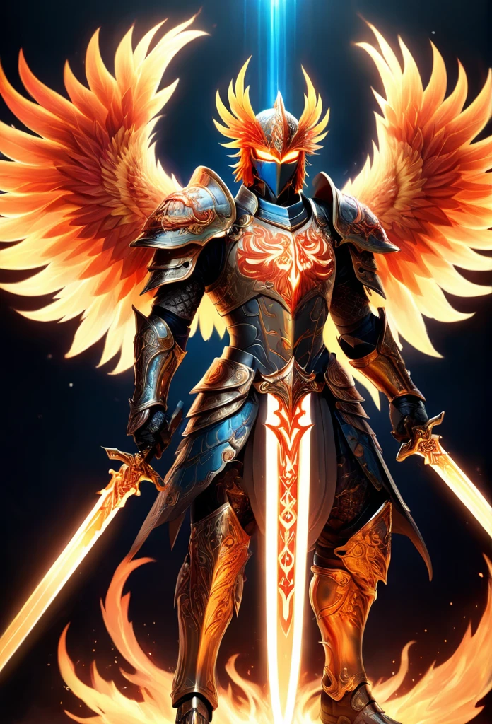 A luminous phoenix knight adorned with glowing tattoos of fiery swords and radiant armor, their celestial marks representing their valor and honor