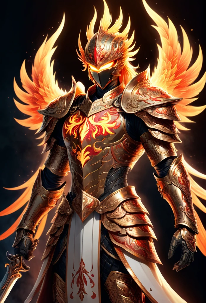 A luminous phoenix knight adorned with glowing tattoos of fiery swords and radiant armor, their celestial marks representing their valor and honor