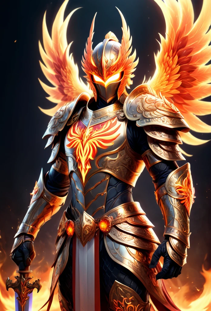 A luminous phoenix knight adorned with glowing tattoos of fiery swords and radiant armor, their celestial marks representing their valor and honor