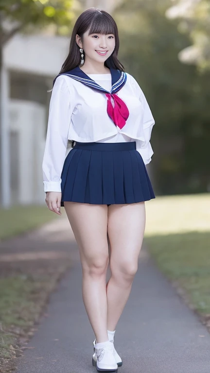 Japanese Mature,(65 years old:1.2),White skin,(chubby body,Large Breasts,Emphasizes plump thighs:1.5),(Japanese high school uniform,earrings,Sailor uniform,neckerchief,Ultra short micro mini skirt,Short socks,Wearing loafers:1.2),(Standing in the park,Full body shot from head to toe:1.2),Mature woman wearing high school uniform,full body,looking at viewer,smile,surrealism, depth of field, from below, Sony FE, 8k, nsfw