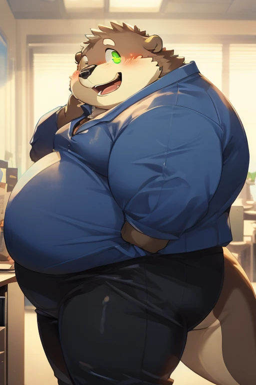 A fat male Ursine, Middle age,1人, are standing,Looking down listlessly, play with his crotch,Wearing white panties, bandy, Bare legged, (Bare-chested), abdominal protruding obesity, small stature,Short limbs, with a round face, flathead, the shy, tearful, sobbing, bandy, Classroom, photore, high detail illustration, 8K, tmasterpiece