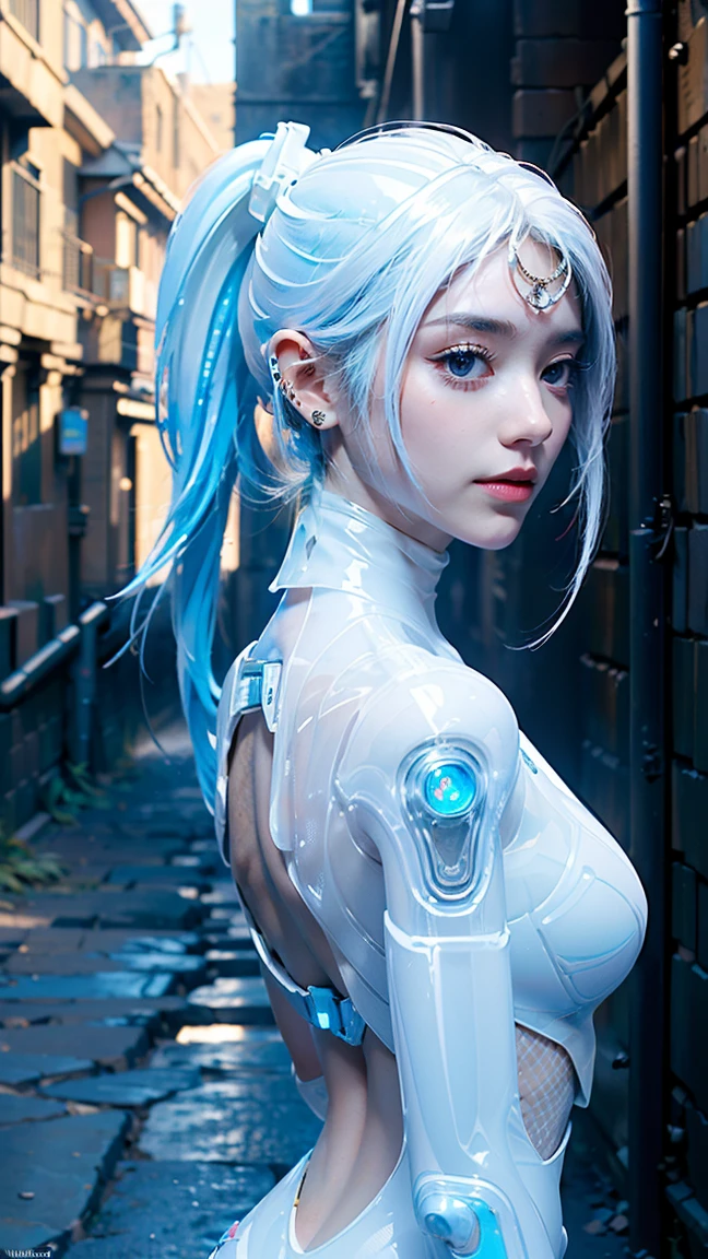 Space suit fantasy beautiful girl light blue hair twin tails