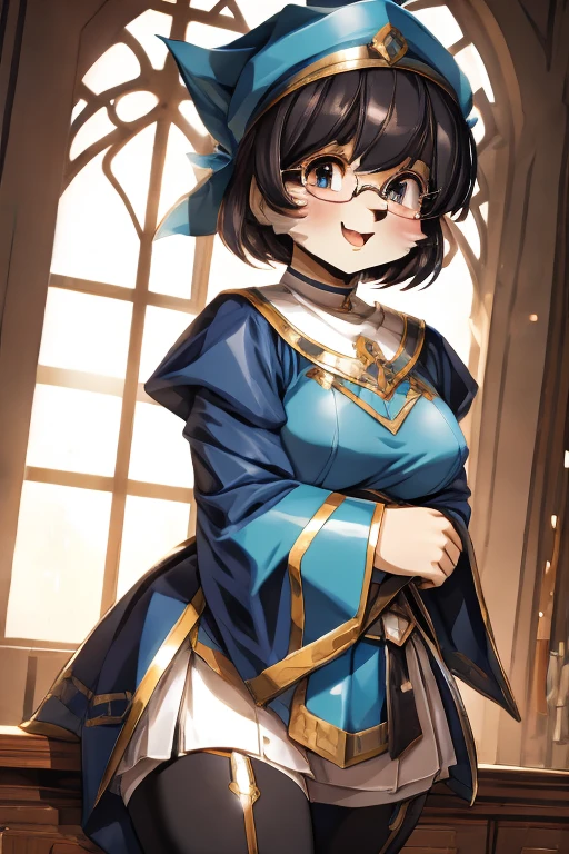 (masterpiece:1.2),(best quality:1.2),(very aesthetic:1.2),(absurdres:1.2),(perfect anatomy), 1girl ,solo, kemono, bunny, floppy ears, black hair, short hair, modest blue cleric outfit, blue beret, religious, compassionate, mature, large breasts, nerd glasses, tareme eyes, gentle smile, happy, drooping ears, modestly dressed,