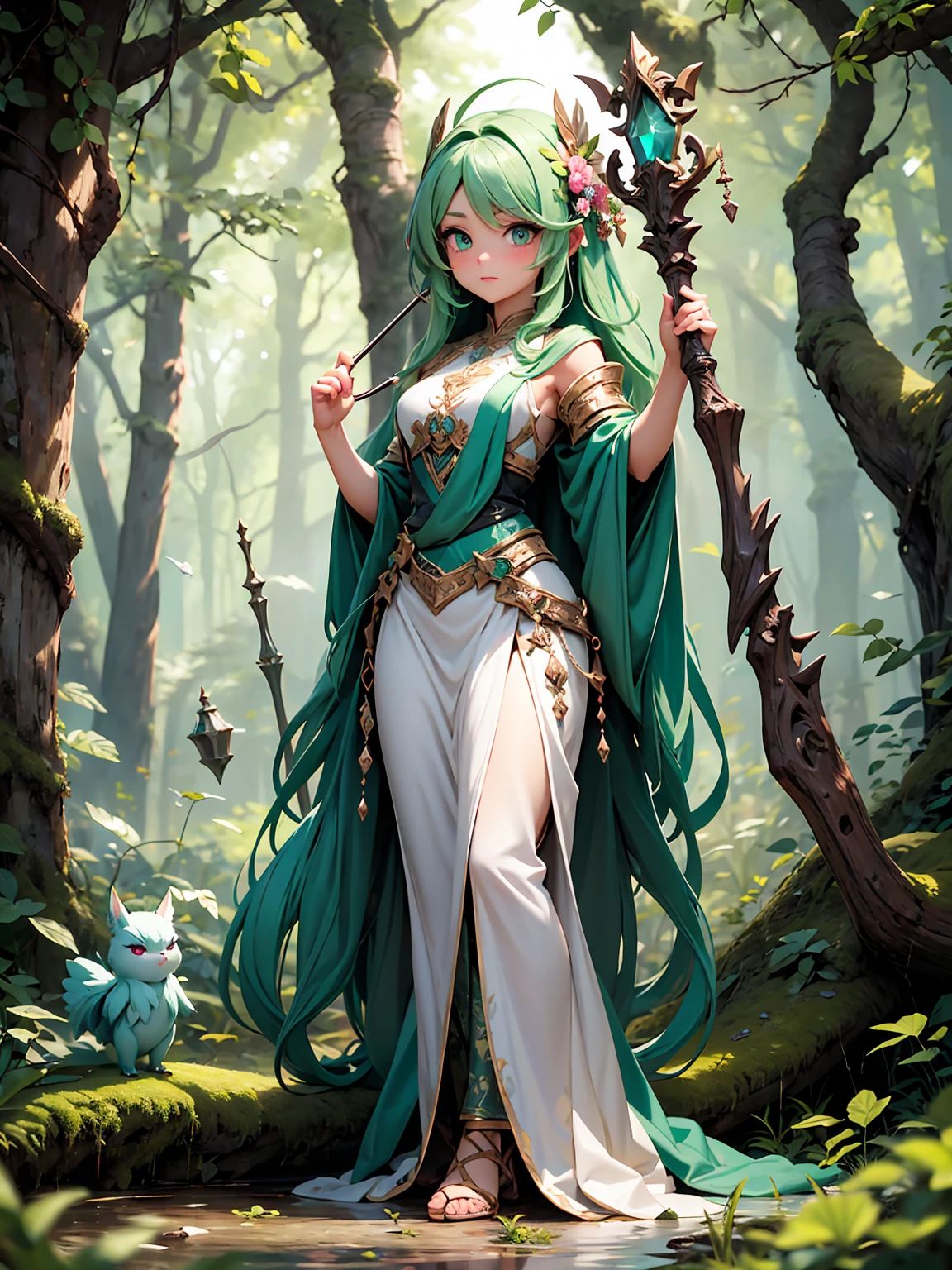 A woman in a green dress holds a fan and a flower, lady palutena, alluring elf princess knight, Onmyoji detailed art, Forest elf bard playing lute, G Liulian art style, elf queen nissa genesis mage, Kushatt Krenz Key Art Women, Inspired by lotus flowers, Hakuren, Official artwork