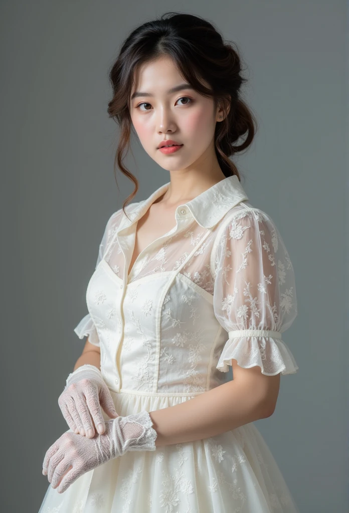 (masterpiece, Best quality, Realistically, Work, Looks super detailed, 8K), ((Wide-angle lens, Female whole body love)), 1 girl，Light makeup，Exquisite facial features，Dark brown hair, Fluffy hairstyle, curls，Short hair，White lace gloves，Lace shirt，Cotton lace skirt，Frontal stance ，For the audience，Full body portrait，Gray background