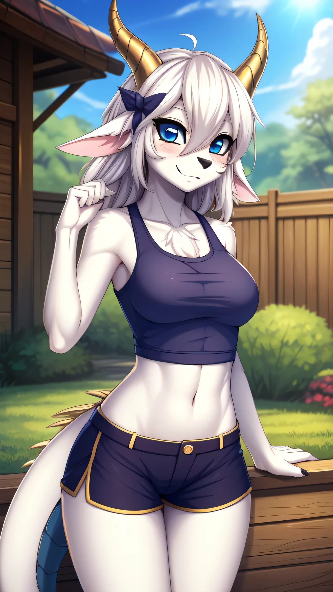 By zinfyu,by twistedscarlet60, uploaded on pixiv, by fluff-kevlar, solo female, female anthro dragon,(masterpiece), (best quality), (solo female:1.2), (extremely detailed:1.3),(detailed eye,blue eye),BREAK, Buster whelp, from yu-gi-oh, small black mark on cheeks, small ear,white hair, white fur, beautiful face, black nose, white, white body, medium breast, Sharp:1.2,golden horn, perfect figure beautiful woman:1.4, Hourglass body:1.2, tail,slim, beautiful eyebrows, long eyebrows, View on viewer, closeup, (dragon tail:1.1), close view, closeup photo of buster whelp, mature woman ,shy face, blush, looking on viewer, focus on face, nerveous, close up face, only body and head, at  garden, wearing tanktop and gym short, 