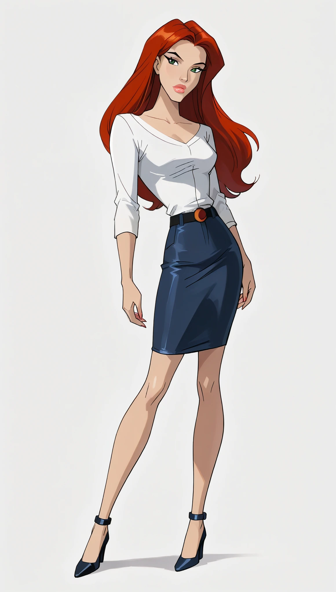 )score_9, score_8_up, score_7_up, dcaustyle, 1girl, solo, very sexy (Jean Grey, Evolution, long hair, red hair, green eyes, retro artstyle:1.3), (beautiful waifu, thicc, long legs:1.2), (wearing tight pencil skirt, belt, blouse, high heels:1.4) cleavage, flirt, gaze, sexy look, half-closed eyes, head tilt, filled lips, thick lips, makeup, side view, (full bodies in view) expressiveh d4rk01l, perfect hands, perfect proportions, simple background.