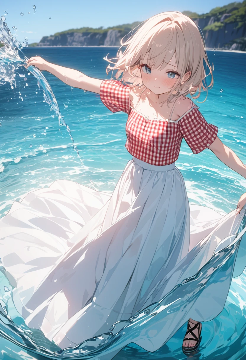 (8k, Best Quality, masterpiece: 1.2),Ultra-high resolution, 1 person, cute, Alone ,Small breasts, Highly detailed face, 白いLong skirt, The top is a red gingham checked camisole., Short sleeve, 白色のLong skirt, The top is a red gingham checked camisole., 白色のShort sleeve, Gladiator Sandals, sea, Long skirt, Lots of water, Water Play, Water up to one&#39;s chest, like, Bright smile, 