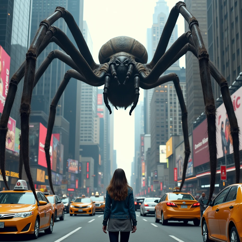 ((Times Square, em Nova York, passing over cars, front view, coming towards the camera, super detailed, high definition, 8k, Canon EOS Rebel T100, Canon EF 85mm F/1.4L IS USM, wide plan, well defined body, have enough details in everything, show the , the cars on the street, The giant spider, spider big, girl, street, cars