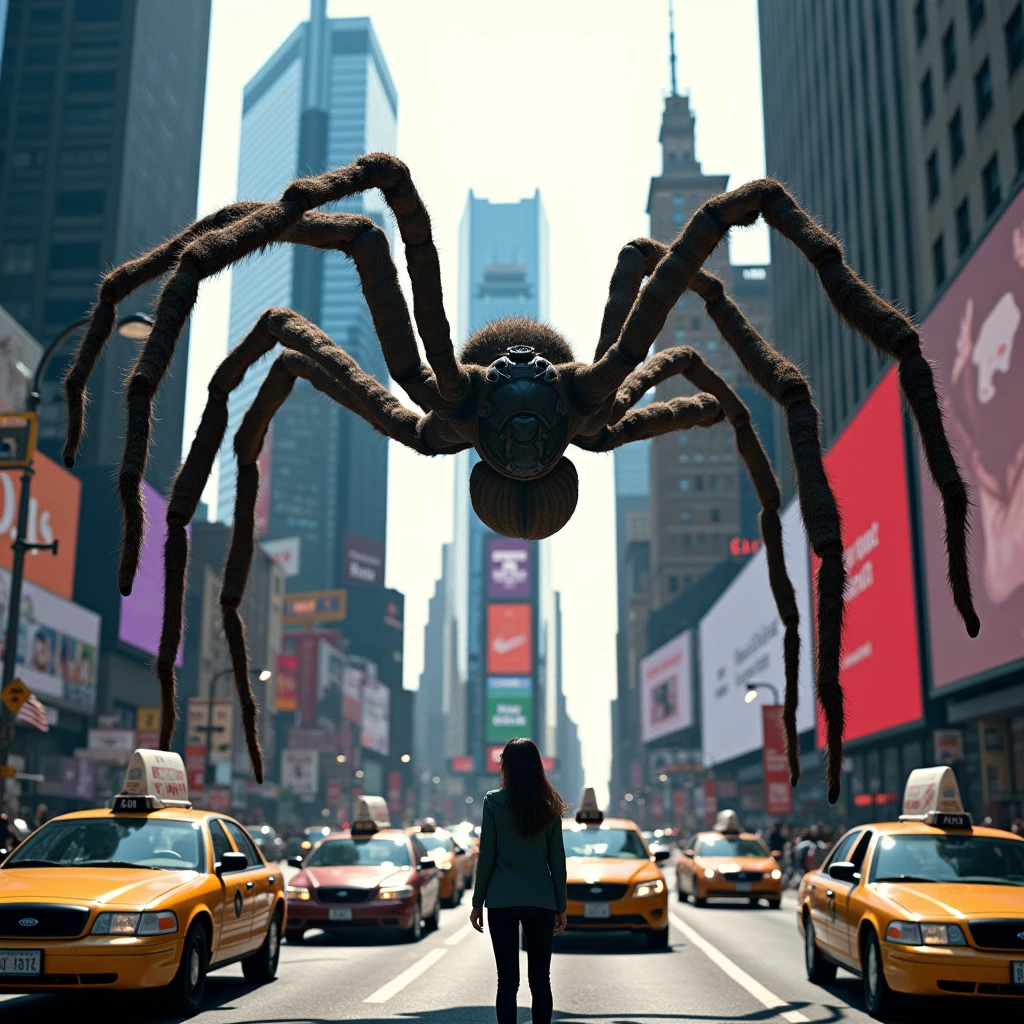 ((Times Square, em Nova York, passing over cars, front view, coming towards the camera, super detailed, high definition, 8k, Canon EOS Rebel T100, Canon EF 85mm F/1.4L IS USM, wide plan, well defined body, have enough details in everything, show the , the cars on the street, The giant spider, spider big, girl, street, cars