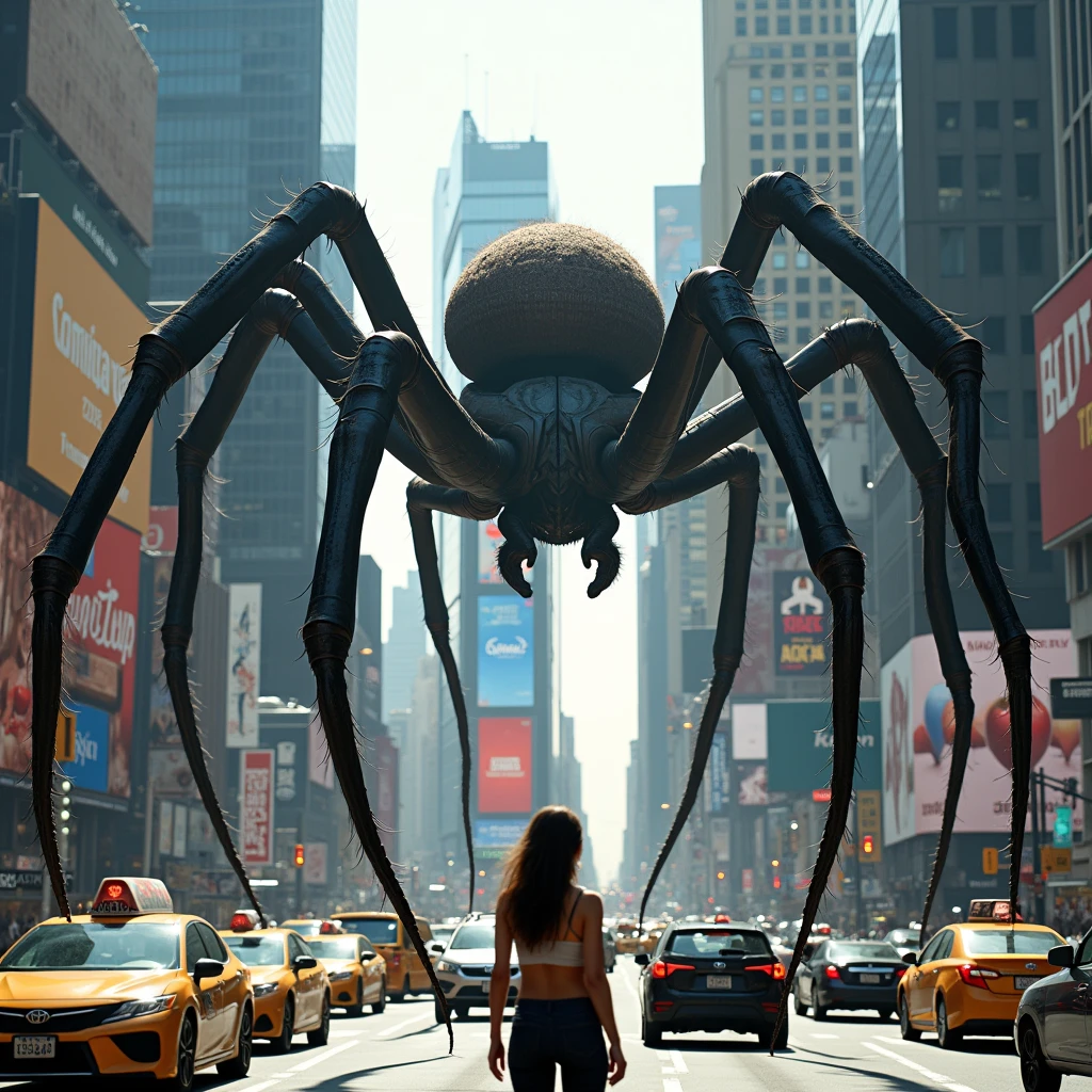 ((Times Square, em Nova York, passing over cars, front view, coming towards the camera, super detailed, high definition, 8k, Canon EOS Rebel T100, Canon EF 85mm F/1.4L IS USM, wide plan, well defined body, have enough details in everything, show the , the cars on the street, The giant spider, spider big, girl, street, cars