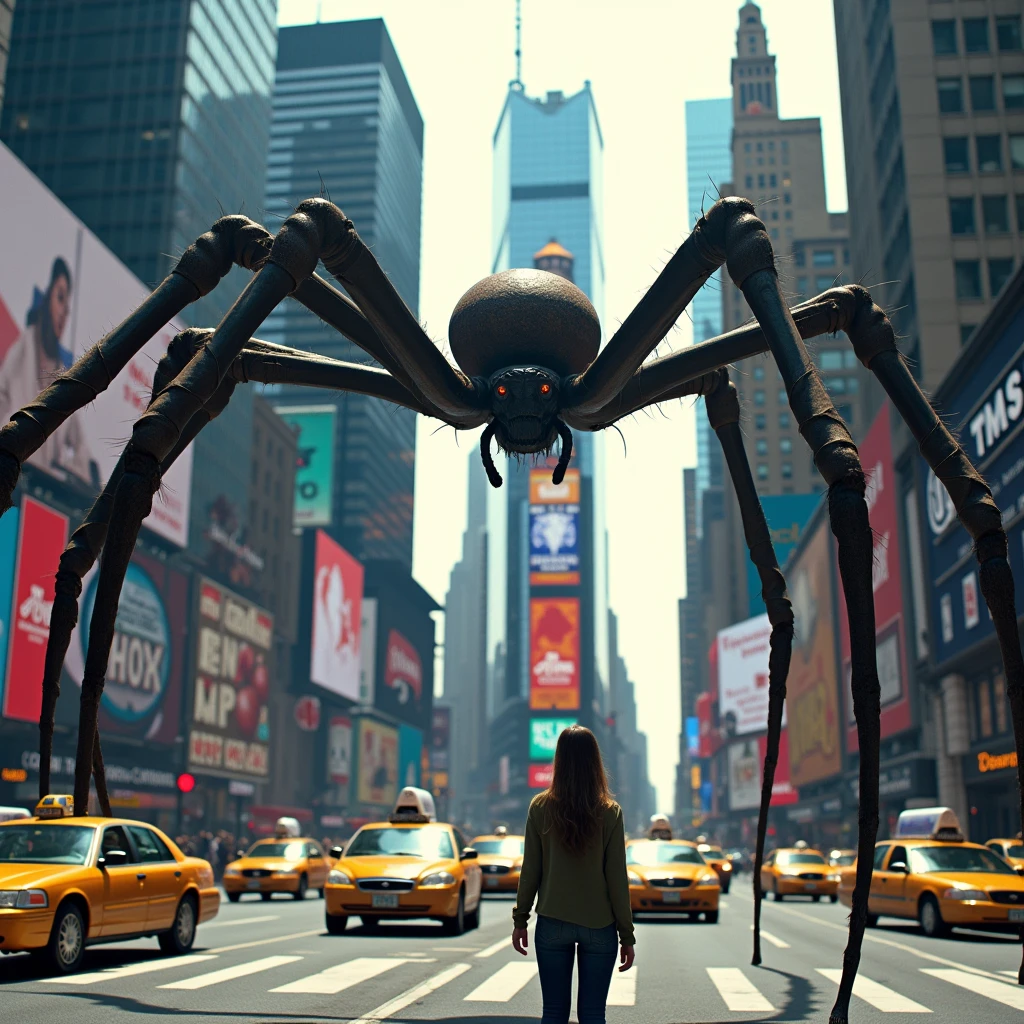 ((Times Square, em Nova York, passing over cars, front view, coming towards the camera, super detailed, high definition, 8k, Canon EOS Rebel T100, Canon EF 85mm F/1.4L IS USM, wide plan, well defined body, have enough details in everything, show the , the cars on the street, The giant spider, spider big, girl, street, cars