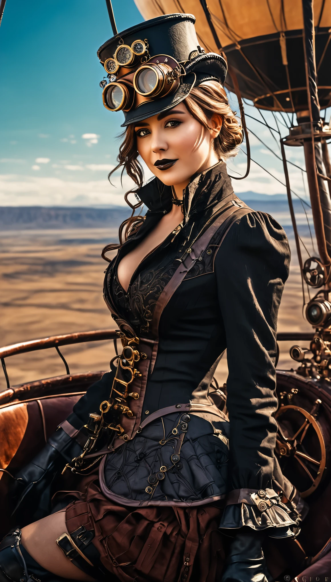 Masterpiece, a beautiful woman, (Rachel Weisz:Grace Kelly:0.5), (steampunk city background), sexy steampunk outfit, (medium breasts), strong , brown hair, long hair, legs, steampunk aesthetic, (skin texture:1.1), best quality, ultra high res, (photorealistic: 1.4), Raw photo, by Ellen von Unwerth, Nikon D850 Film Stock Photography, F1.6 Lens, Rich Colors, Realistic, Cinestill 800, backlight, rimlighting, studiolighting
