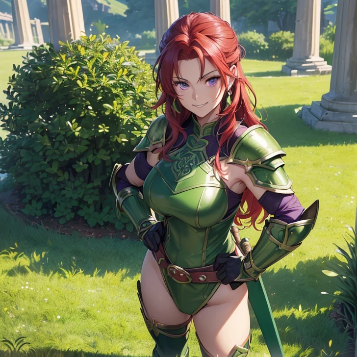 a girl, warrior, redhead, long hair, bright green eyes, beautiful breasts, hair between eyes, bangs, full body, confident, heroic posture, smiling, fantasy, medieval, rays of sun