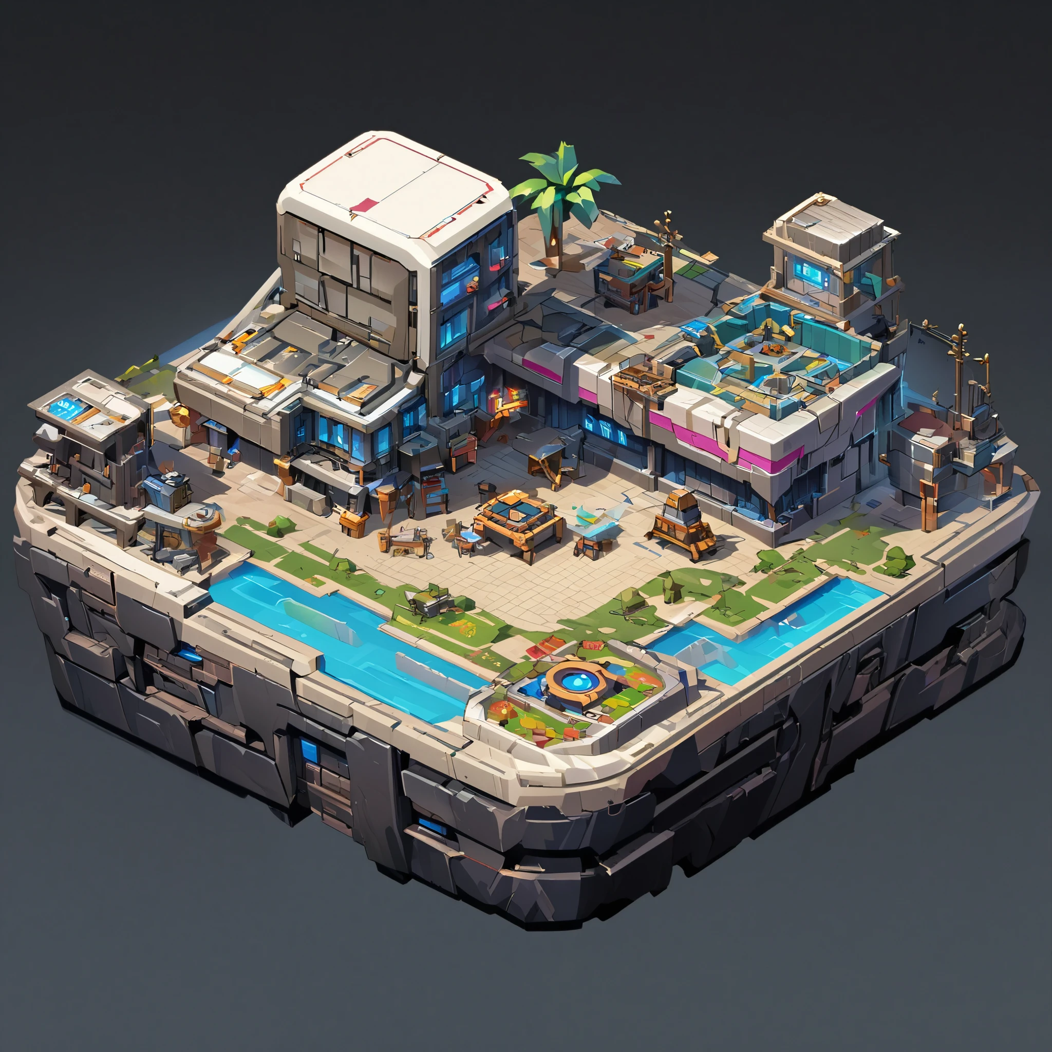 GAME ASSET, topdown-ISOMETRIC, futuristic laboratory. real time strategy game asset with white background borders, not cut, do not cut. white background. isometric, real time strategy game asset, white background, game asset, a large rectangular structure, highly detailed, ultra detailed concept art, highly detailed concept art