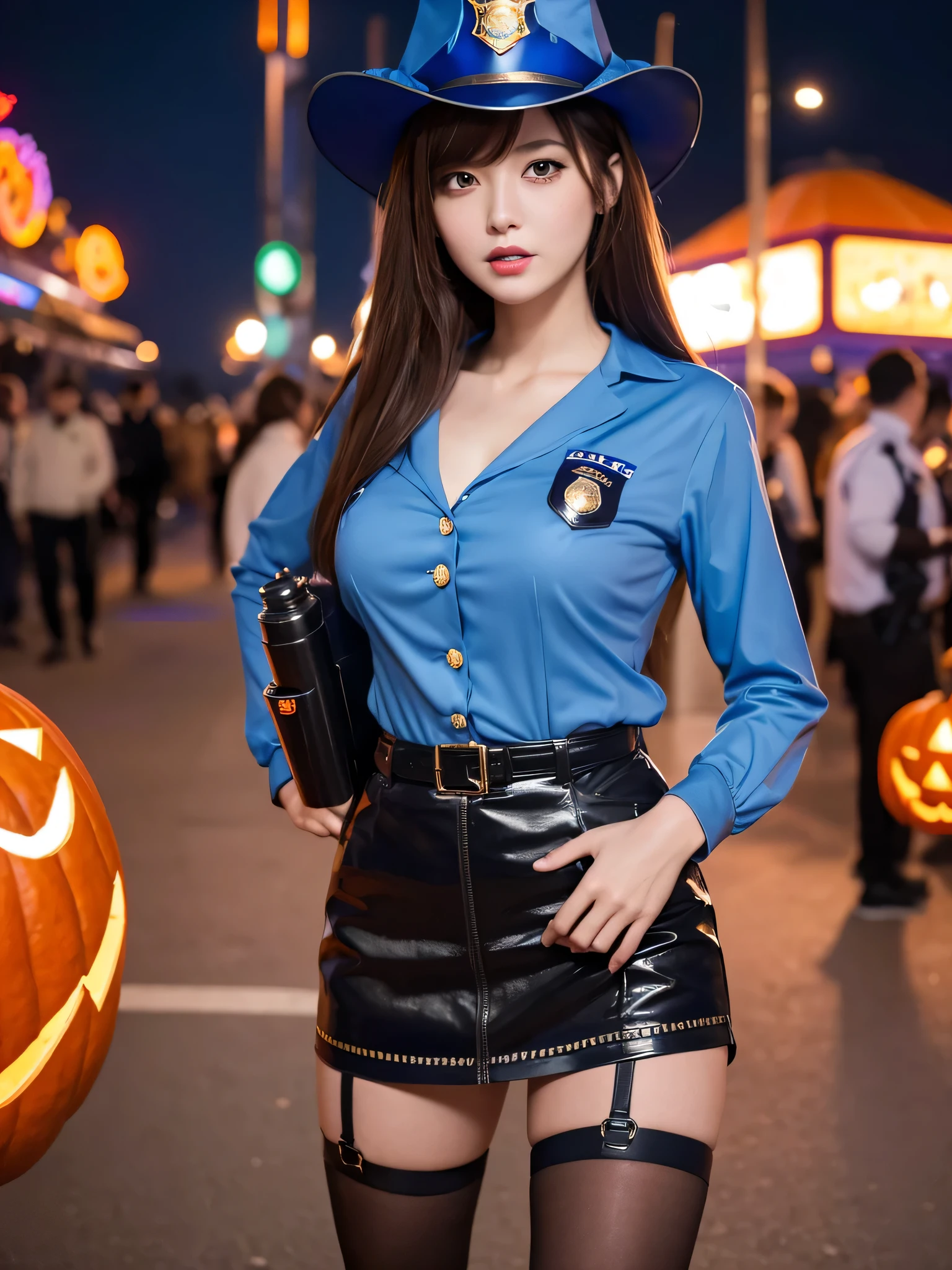 /*Quality writing*/
of the highest quality, 16 K, masterpiece, hyper detailed face, very detailed lips, Detailed eyes, Realistic pupils,
BREAK,
/*Characters and expressions*/
(Extremely beautiful girl:1.3), Japanese Girl, 1 girl, Light on Face,18 years old, (((Very sweet smile))), 
BREAK
/*garments*/
(detailed police uniform:1.1), (police hat:1.2), 
BREAK  
/*Pose*/
(Lift the hem of the skirt, Lift the hem of the skirt with both hands, Lift the hem of the skirt yourself), (show panties:1.3), nice hand, Perfect hands, 
BREAK
/*Angular posture*/
(sparkling night sky:1.2), (festive carnival atmosphere:1.3), (many flower:1.2), carnival, Halloween, town, (Halloween party:1.2), jack-o-lantern, bat, Looking at Viewer