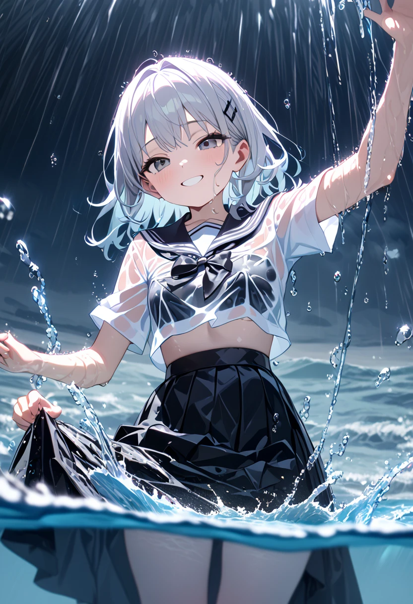 (8k, Best Quality, masterpiece: 1.2), Ultra-high resolution, 1 person, cute, Small breasts, Highly detailed face, White blouse, Gothic Clothing, Black and white sailor suit, 大量のrain, rain, sea, swim, Water Play, soaked, Black underwear, ribbon, Water-soaked clothes, Long skirt, (Gothic Skirt), Water droplets all over the body, A childlike smile, The best smile, Date, Lots of water, Submersion, Splash, 