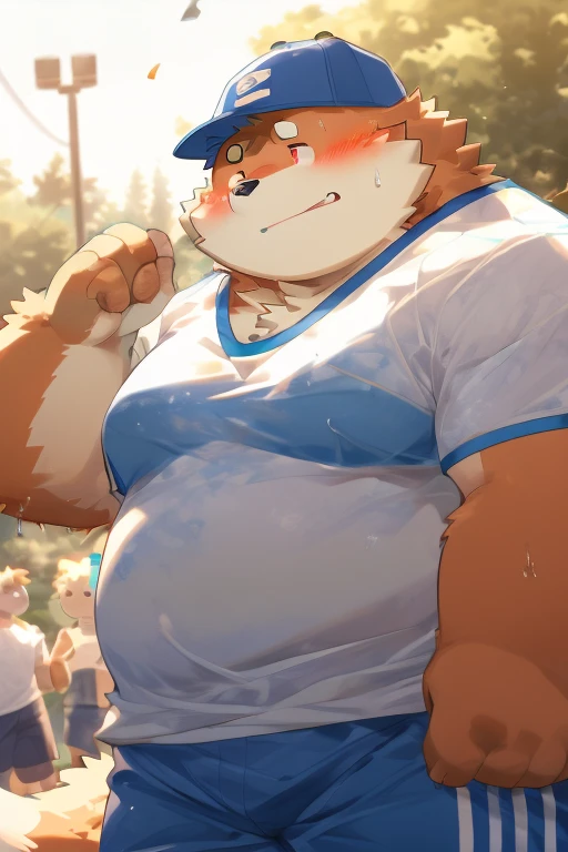 a baby face, Musclegut, Bigchest, cute bear boy,baseball catcher look , blush,anguished expression, crouching down,Gripping the penis, Sweating, Precum drips, testicle, baseball field, nightfall