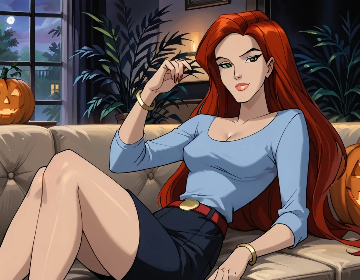 score_9, score_8_up, score_7_up, cinematic film still, solo, 1girl, very sexy  (Jean Grey, Evolution, long hair, red hair, green eyes, retro artstyle:1.3), (beautiful waifu, thicc, long legs:1.2), (wearing tight pencil skirt, belt, blouse:1.4) cleavage, sexy look, sweet smile, half-closed eyes, head tilt, filled lips, thick lips, makeup, relaxing on a large comfy sofa, in the living room, Halloween theme, haunted, night, dark, expressiveh d4rk01l, perfect hands, perfect proportions.