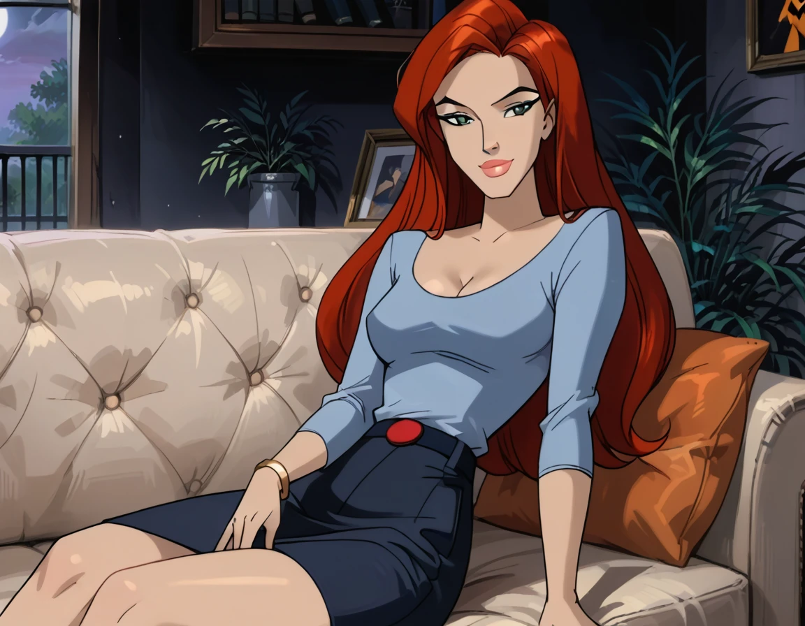 score_9, score_8_up, score_7_up, cinematic film still, solo, 1girl, very sexy  (Jean Grey, Evolution, long hair, red hair, green eyes, retro artstyle:1.3), (beautiful waifu, thicc, long legs:1.2), (wearing tight pencil skirt, belt, blouse:1.4) cleavage, sexy look, sweet smile, half-closed eyes, head tilt, filled lips, thick lips, makeup, relaxing on a large comfy sofa, in the living room, Halloween theme, haunted, night, dark, expressiveh d4rk01l, perfect hands, perfect proportions.