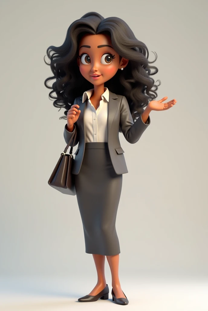 Create a 3D illustration of a light skinned character, Long curly hair animated standing casually explaining with her finger. The character must wear a blouse, bag, skirt in a formal manner. And the hairstyle should be hair up like a journalist.. 