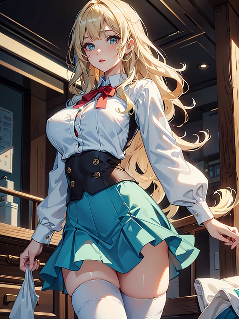 ((masterpiece)), (best quality:1.7), (detailed:1.4), (high res:1.4), 8k, (colorful:1.5), high resolution, sharped image, 4k, hd, (beautiful detailed background:1.2), (beautiful lighting:1.2), (highly detailed:1.2), perfect lighting, (8k wallpaper:1.2), (highly detailed:1.2), (extremely detailed CG:1.2), ((((only blonde long hair two ponytails with a red ribbon)))), (((very large chest))), (((busty))), curvy figure, (((light blue eyes))), (school girl outfit), tight white open shirt unbuttoned all the way down and very short tight black pleated skirt with belt and very tight black stocking leggings, red lace bra showing under shirt), mature, older, human adult, short, full body
