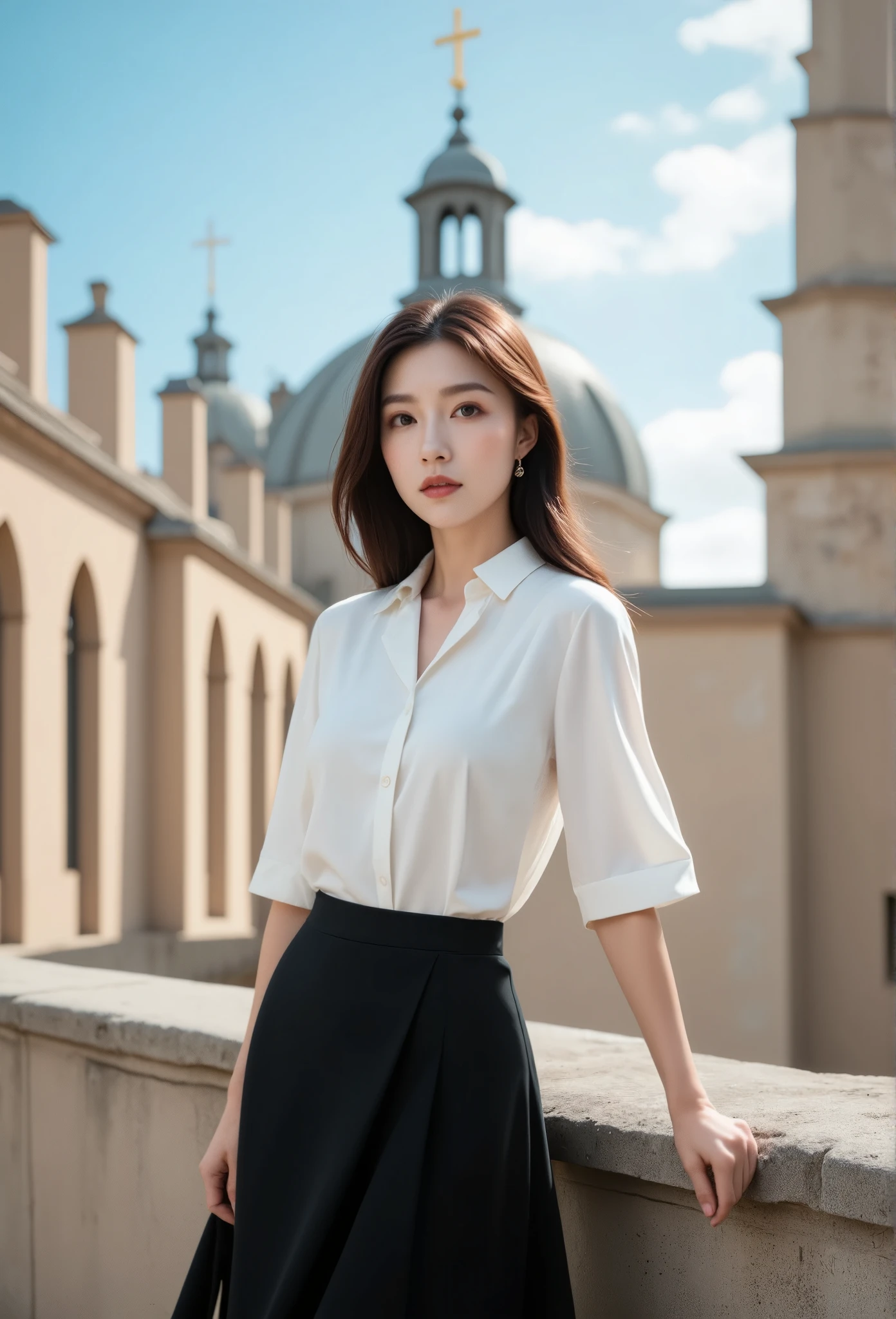 Asian woman, standing outdoors near a stone wall, wearing a white blouse and a long black skirt, elegant and confident pose, clear blue sky, soft natural lighting, historic European architecture in the background, serene atmosphere, gentle breeze, formal outfit, sophisticated look