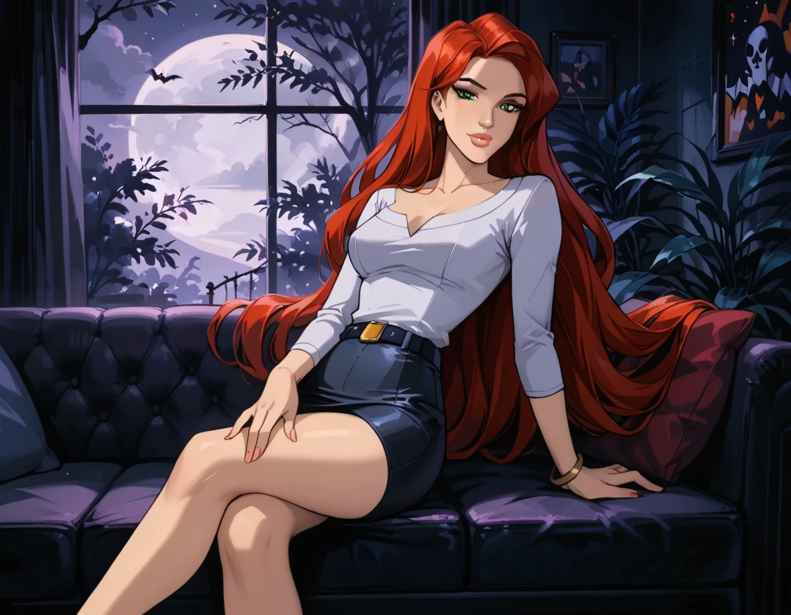 score_9, score_8_up, score_7_up, cinematic film still, solo, 1girl, very sexy (Jean Grey, Evolution, long hair, red hair, green eyes, retro artstyle:1.3), (beautiful waifu, thicc, long legs:1.2), (wearing tight pencil skirt, belt, blouse:1.4) cleavage, sexy look, sweet smile, half-closed eyes, head tilt, filled lips, thick lips, makeup, relaxing on a large comfy sofa, in the living room, Halloween theme, haunted, night, dark, expressiveh d4rk01l, perfect hands, perfect proportions, dimly lit.